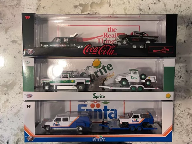 Set Of 3- 2023 M2 Haulers Sprite Chevrolet,  Fanta 1973 GMC  Coca Cola Chevrolet