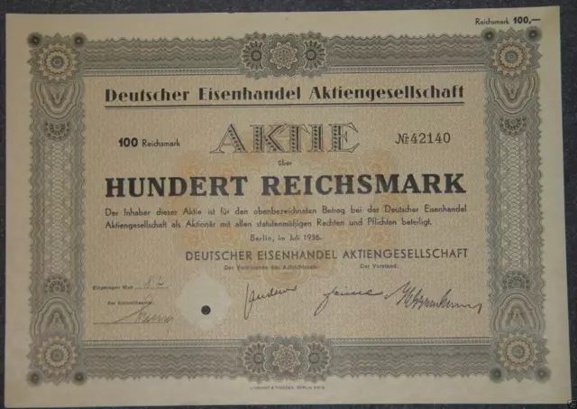 Deutscher Eisenhandel Aktiengesellschaft 1936 100 RM