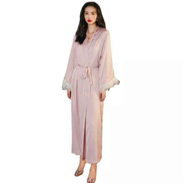 Women Satin Faux Silk Night Dress Gown Kimono Nightwear Sleepwear Loungewear