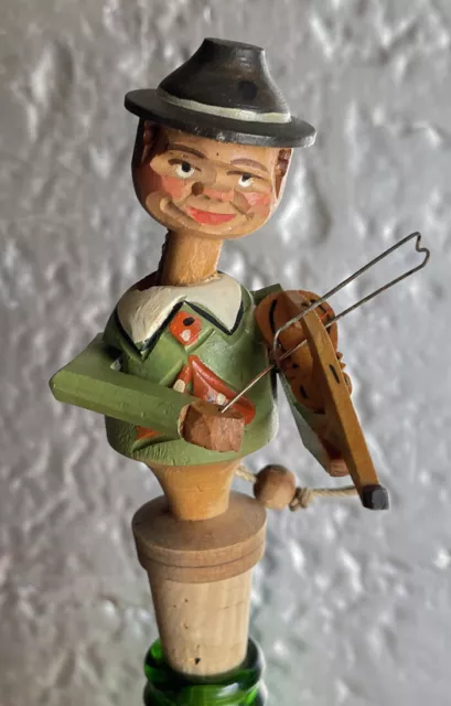 Bottle Stopper Violin Man Anri ? Vintage Hand Carved Mechanical Wooden Cork