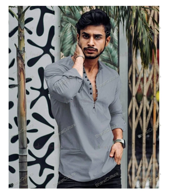 Mens Kurta Traditional Mens Cotton Color Gray Kurta Festival Dress Kurta Shirt