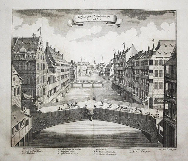 Nürnberg Fleischbrücke Brücke Franken Bayern Ansicht Kupferstich engraving 1735