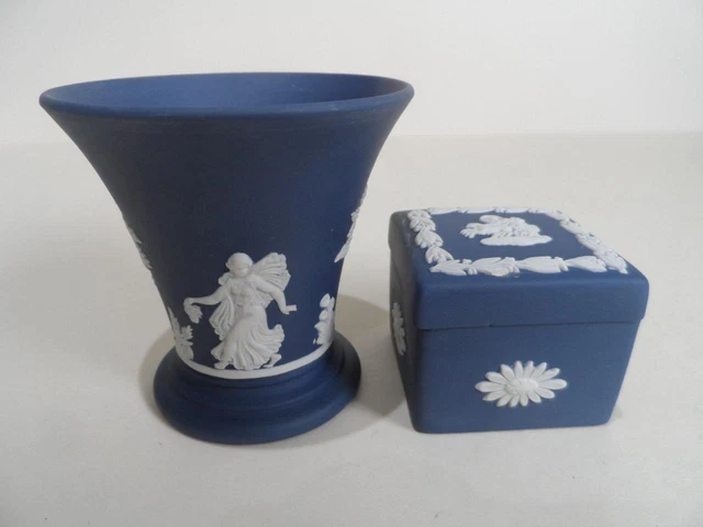 Wedgwood Jasperware Dark Blue & White Small Vase & Lidded Square Trinket Box