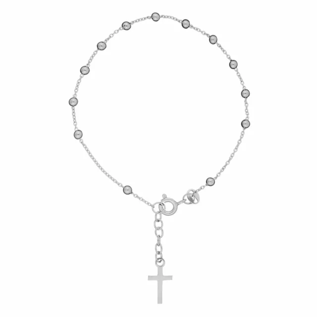 Sterling Silver Cross Bracelet 925 Rosary Ball Thin Rolo Chain Bead - Silverly