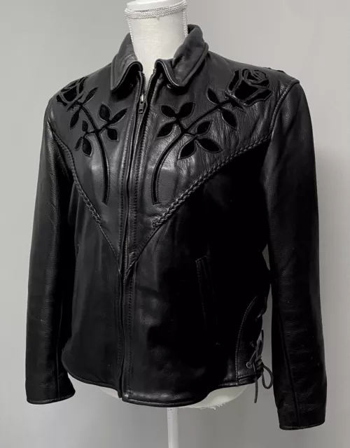 Vintage FASHIONS BY ROSE Black Leather Biker Jacket-Rose Patches Womens 14 Lined 2
