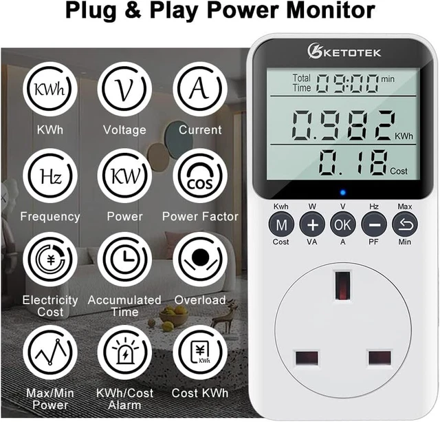 KETOTEK ELECTRICITY USAGE Monitor Plug Power Meter Watt Digital Energy