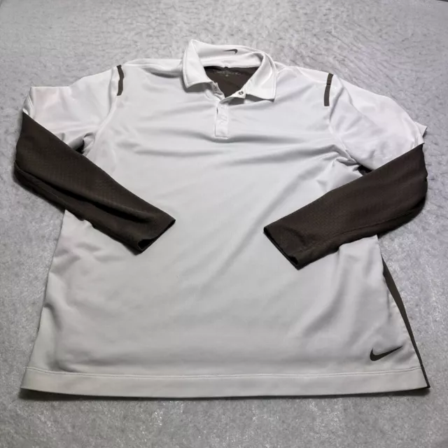 Nike Golf Polo Shirt Mens Large L White Gray Lined Dri Fit Long Sleeve Pullover