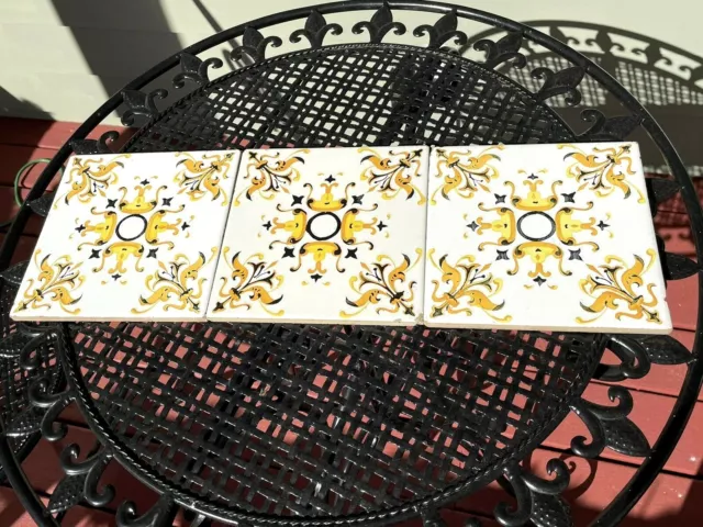 Vintage ONDA Espana Spain Hand Painted White Black Yellow 8" X 8" Ceramic Tiles 3