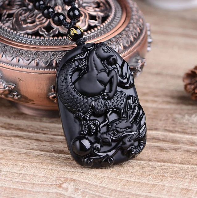 Natural Black Obsidian dragon horse Necklace Amulet Pendant Bead with Chain
