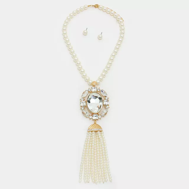 Ensemble collier perle cristal et gland crème déclaration bijoux de mode femme 2