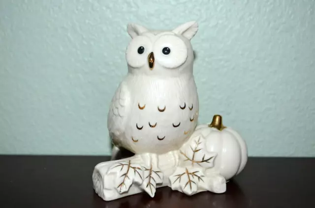Lenox Autumn Owl with Pumpkin Figurine White Porcelain and Gold