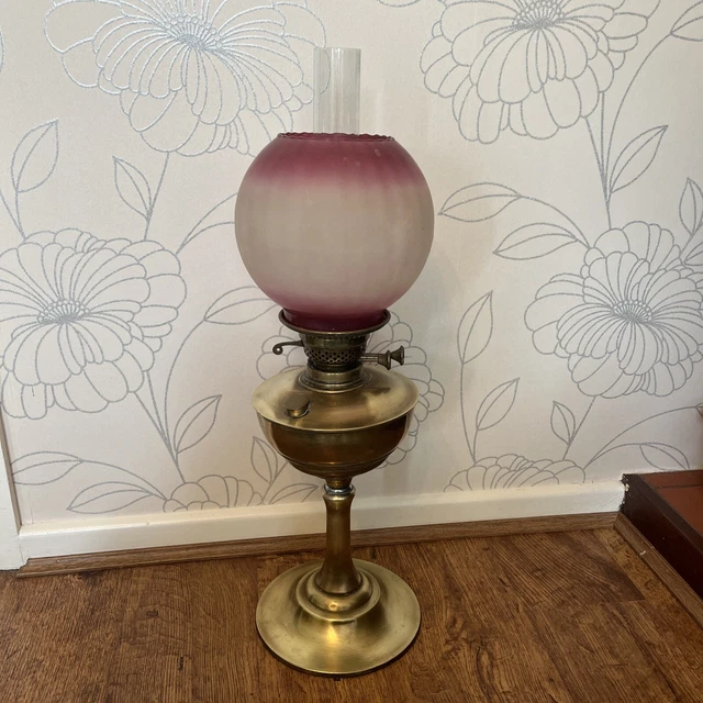 VINTAGE DUPLEX BRASS OIL LAMP with Pink Globe Shape 66 CM £120.00