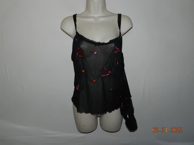 Cinema Etoile Seductive Wear cami panties black pink hearts mesh sheer 2pc L