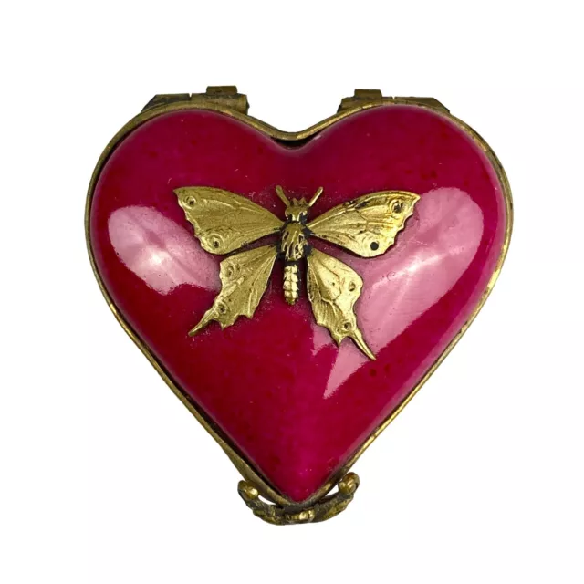 Limoges France Red and Gold Tone Butterfly Porcelain Trinket Box ~2"