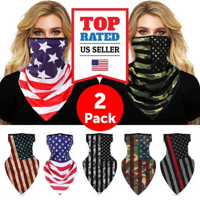 2 Pack American Flag Bandana Face Cover w/Ear Loop Mask Neck Gaiter Reusable