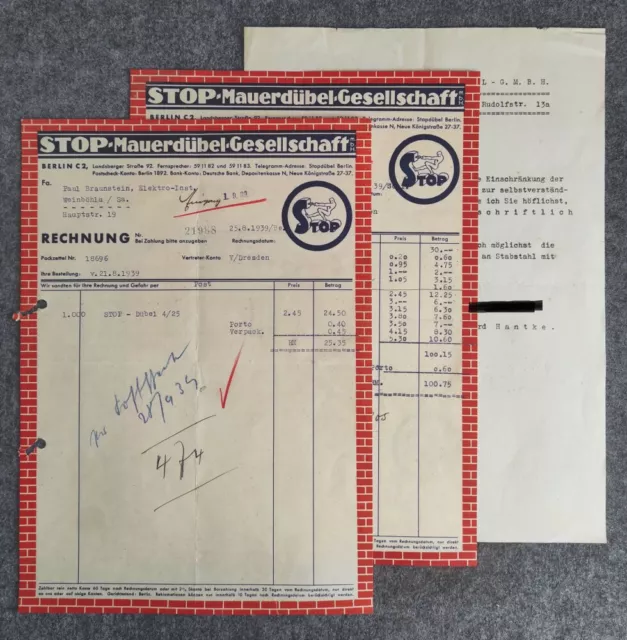 2 Antiguo Rechnungen De 1939 Con Título Info Stopdübel Berlín