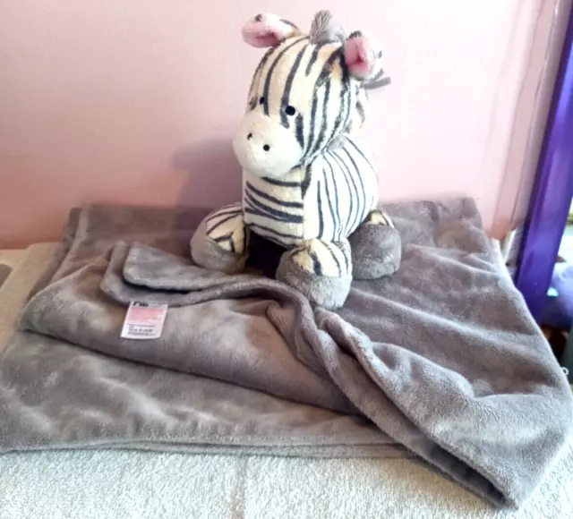 Mothercare Grey Pram Fleece Blanket & Zebra Soft Toy Plush Baby Comforter