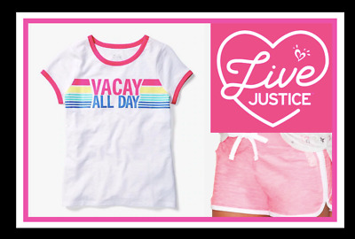 *Nwt* Justice Girls 7 Vacay All Day Rainbow Stripes Ringer Top N Shorts Set
