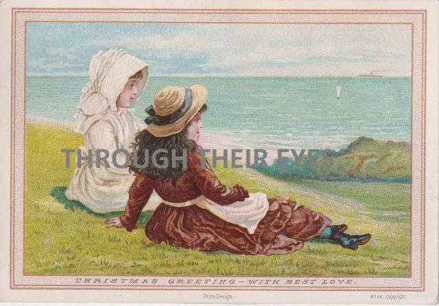 Original Victorian Christmas card  two young girls looking out to sea 1880's