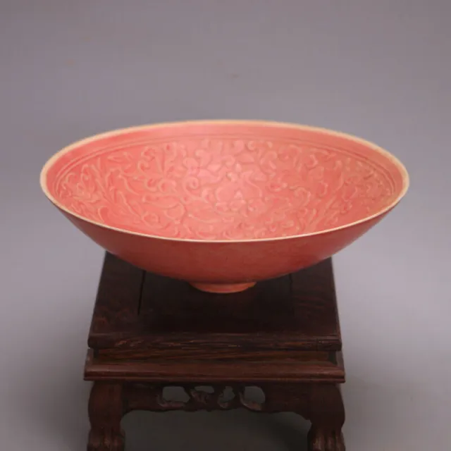 Chinese Song Ding Kiln Red Glaze Porcelain Deer Flowers Design Bowl 7.9 inch