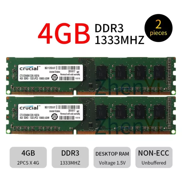 Crucial 8GB 2x 4GB 2GB DDR3 1333MHz PC3-10600U 240Pin DIMM Desktop Memory RAM FR