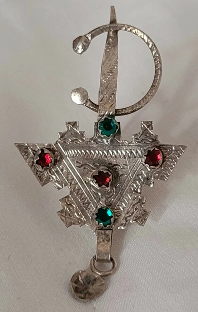 Fibule Ancienne En Argent Massif Avec Jade, Rubis, émeraude Et Nacre - Bijou Antique - Réf D7