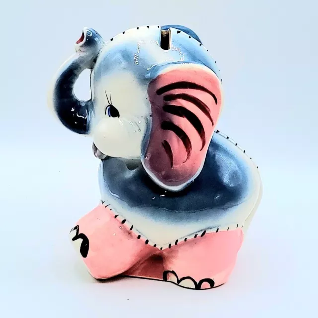 Vintage Circus Elephant Coin Bank Japan Pink Blue Trunk Up Kitchy Cute