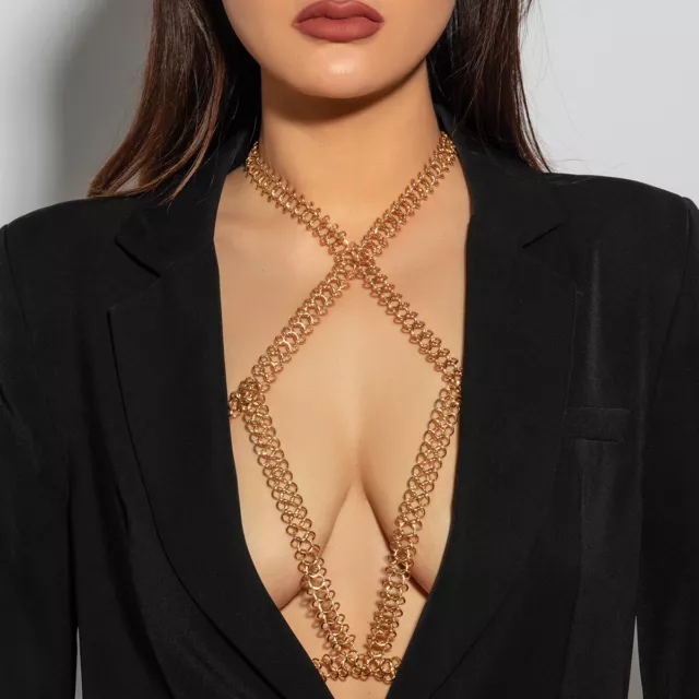LADY BEACH BIKINI Bralette Gold Metal Chain Chest Harness Open Bra Body  Jewelry $23.53 - PicClick