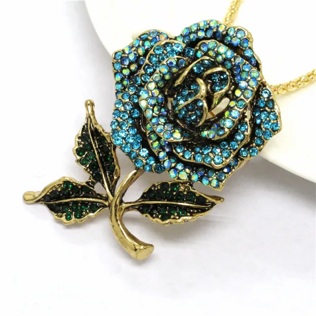 Hot  Betsey Johnson Blue Bling Lovely Rose Flower Crystal Pendant Necklace