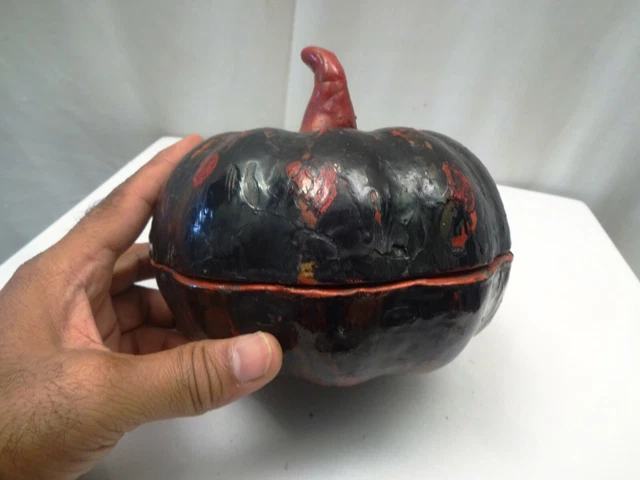 Antique Burmese Lacquerware Pumpkin Box Jewelry Box Black & Red Color Collectib" 7