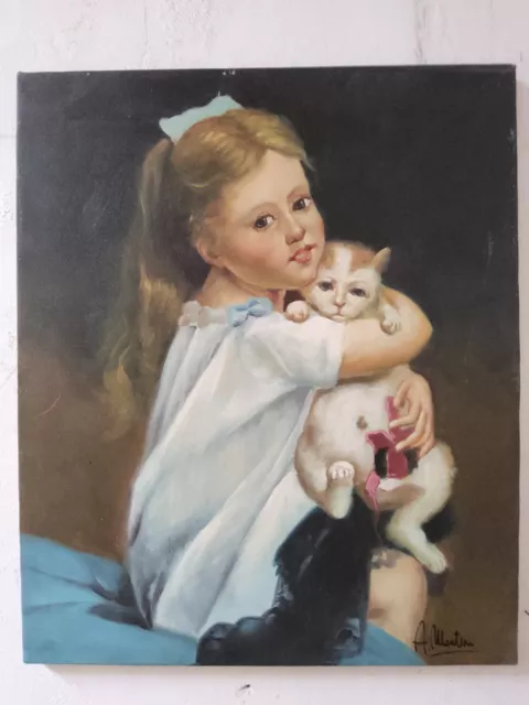 Quadro ritratto bambina con gatto Dipinto Olio su Tela 50x60 compreso telaio