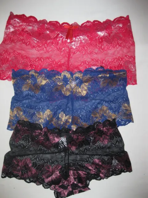 3pk Sheer floral lace w/bow boyshort panties S red/blue/black nip