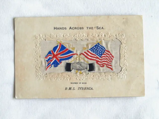 Stevengraph Woven Silk "Hands Across The Sea" Postcard-  R.m.s. Ivernia