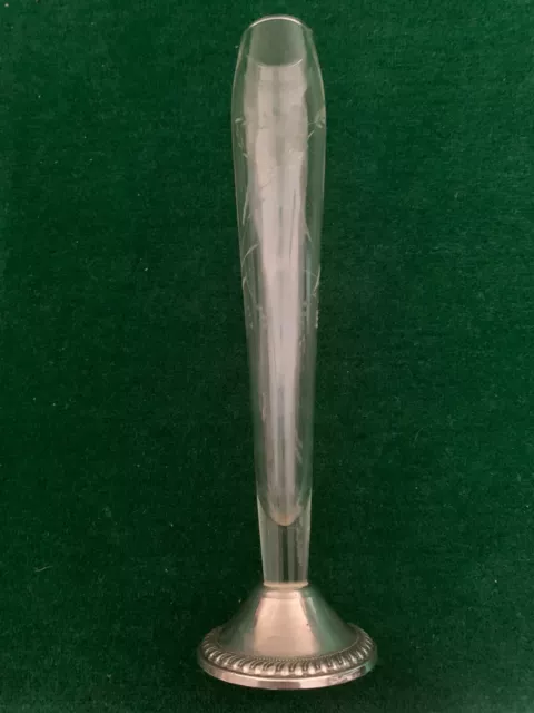 Duchin Creation Weighted 925 Sterling Silver Etched Glass Bud Vase, 9 1/2" Tall