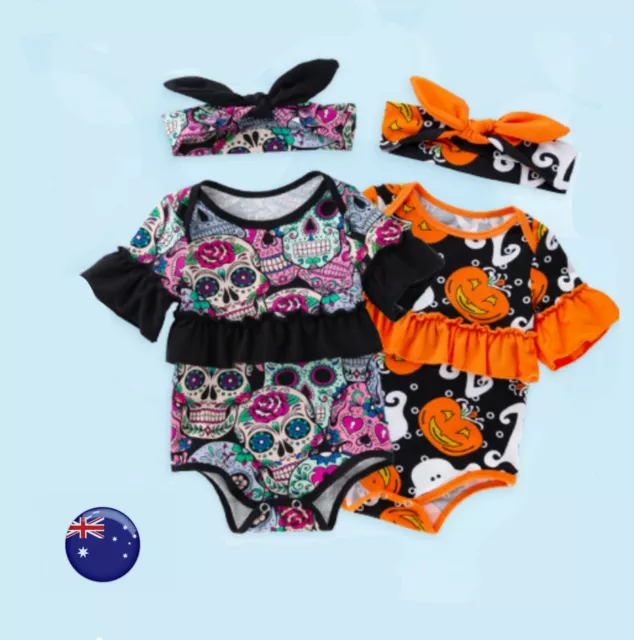 NEW Kid Girl Baby Skull Pumpkin Party Halloween Costume Romper headband set 0-2Y