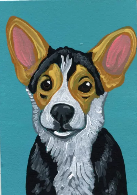 ACEO ATC Original Painting Welsh Corgi Dog Pet Art-C. Smale