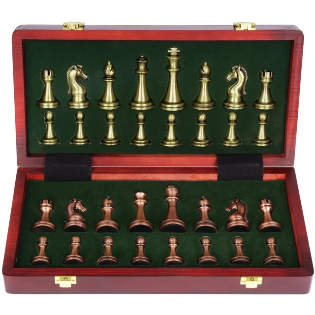 Retro Metal Chess Set with Folding Wooden Chess Board and Classic Handmade St...