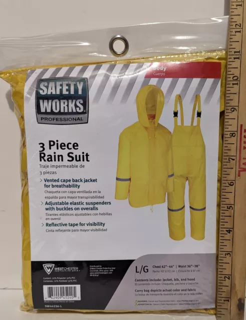 Safety Works Professional 3 Piece Yellow Rain Suit Large Jacket Bib and Hood