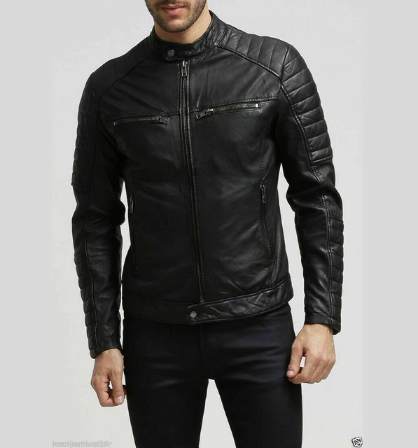 Men's Lambskin Leather Jacket Black Motorcycle Stylish slim-fit Genuine Biker