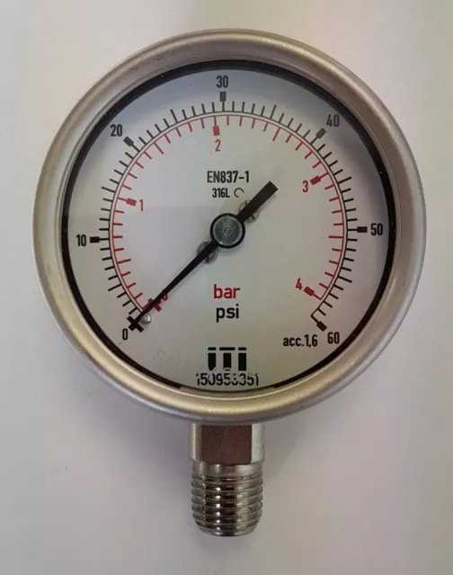 Cadran jauge de pression 63 mm, remplissable à la glycérine, connexion inférieure (tube Bourdon)