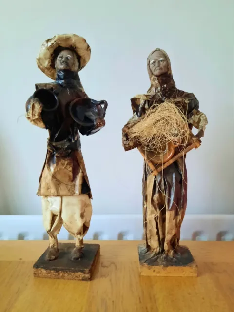 Vintage Mexican Folk Art Figurines Handmade Paper Mache Man & Woman 12" Tall
