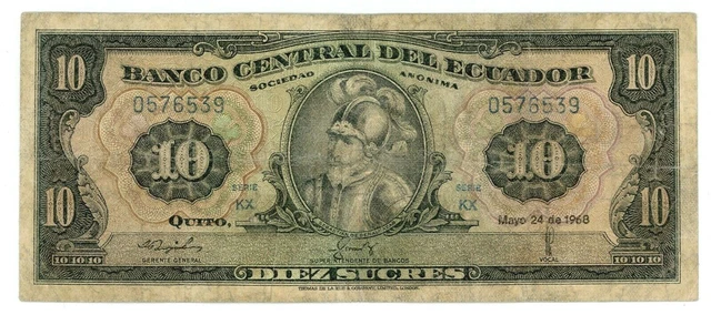 Ecuador  … P-114a  … 10 Sucres … May-24-1968 …  *F-*  Serie KX- 1 St Date