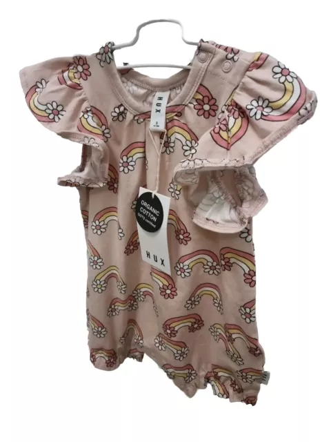 Huxbaby PINK DAISY RAINBOW FRILL BUBBLE ROMPER, size 0 6-12 months - BNWT