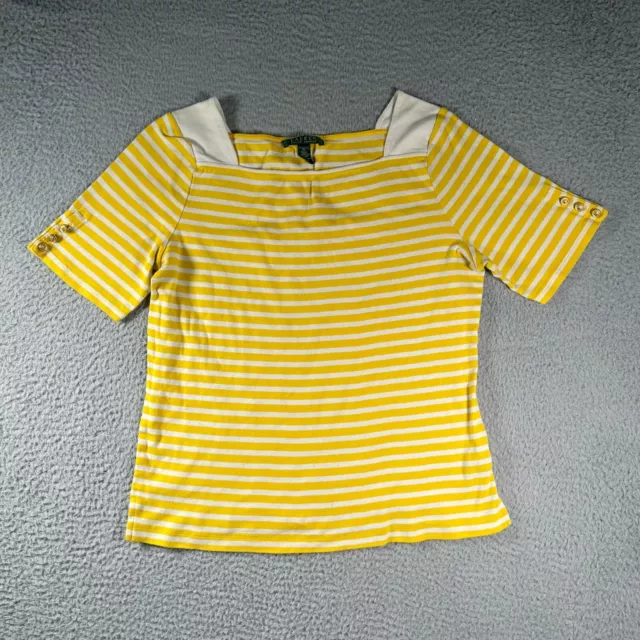 Lauren Ralph Lauren T Shirt Womens XL Yellow Striped Short Sleeve Box Neck