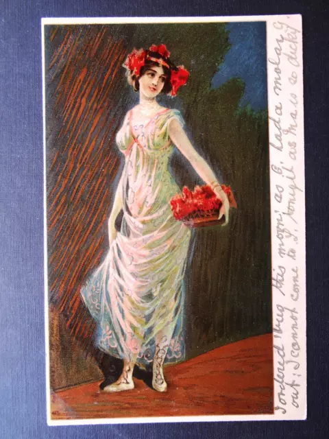 Beautiful Girl in Sheer Dress *Vintage* Tucks Chromo Litho Glamour 1903