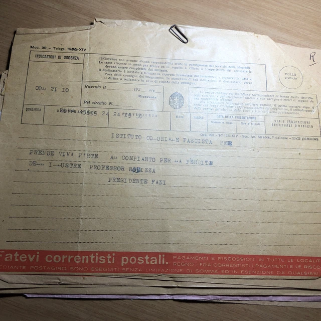 Telegramma Condoglianze Istituto Coloniale Fascista Per F. Rodizza Pres. Fani