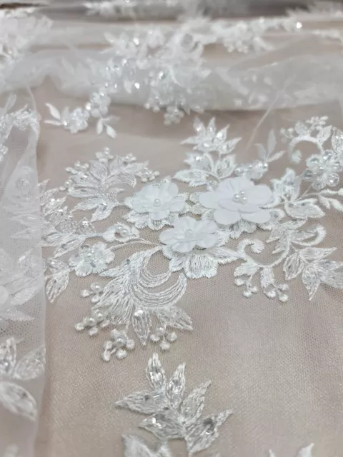 White Bridal 3D Beaded Embroidered Lace Fabric Sold By The Yard Wedding Lace