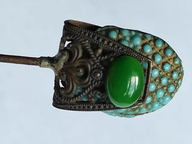 Très JOLIE EPINGLE A CHAPEAU ancienne - Turquoise et Jade 22 cm - Début 1900