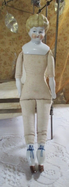 antique porcelain doll head cloth body blond hair 12 inches tall