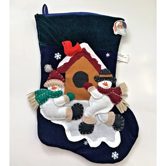 Velveteen Christmas Stocking 3D Snowman Birdhouse Cardinal Large 18 Inch